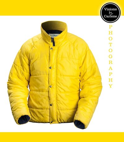 Yellow L.L.Bean Primaloft insulated jacket on white background